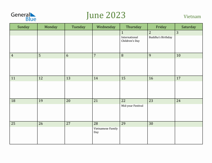 June 2023 Calendar with Vietnam Holidays