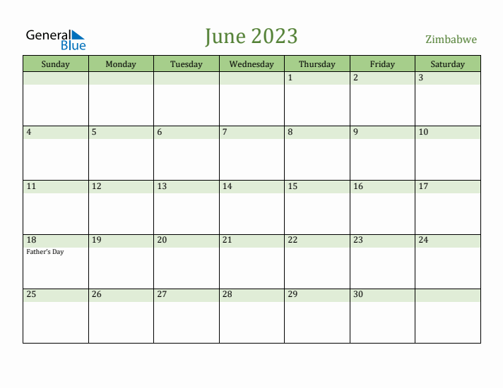 June 2023 Calendar with Zimbabwe Holidays