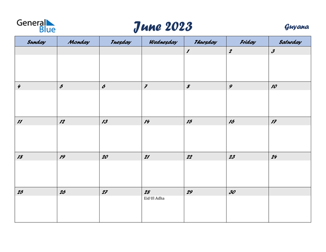 Guyana June 2023 Calendar with Holidays