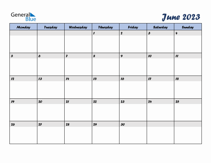 June 2023 Blue Calendar (Monday Start)