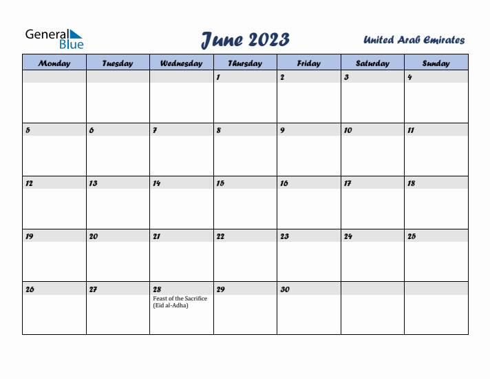 June 2023 Calendar with Holidays in United Arab Emirates