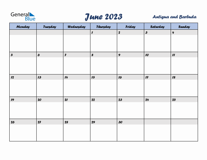 June 2023 Calendar with Holidays in Antigua and Barbuda