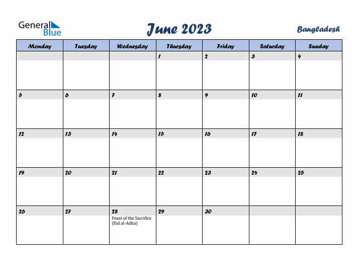 June 2023 Calendar with Holidays in Bangladesh