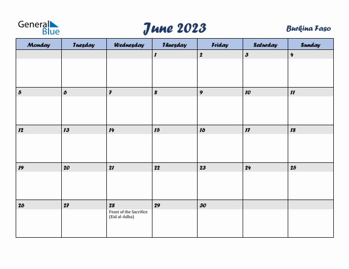 June 2023 Calendar with Holidays in Burkina Faso