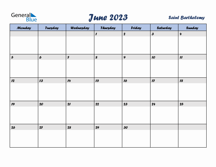 June 2023 Calendar with Holidays in Saint Barthelemy