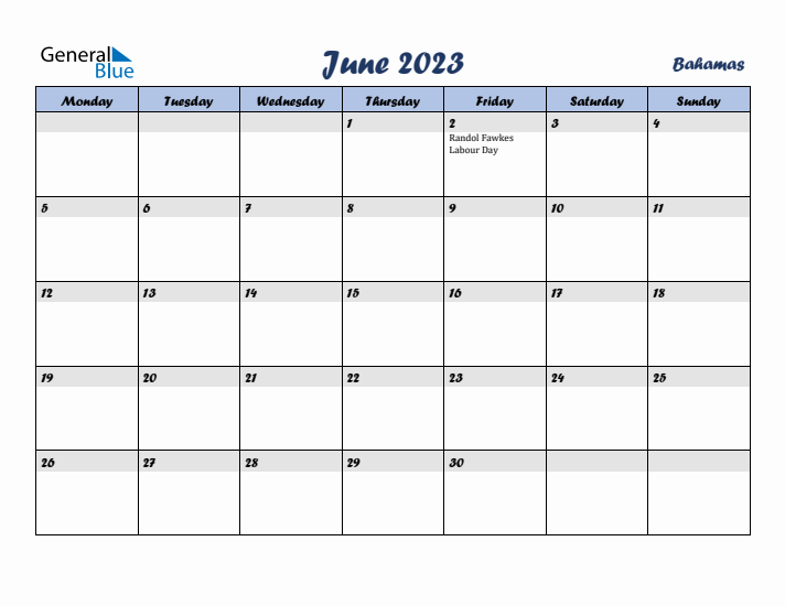 June 2023 Calendar with Holidays in Bahamas