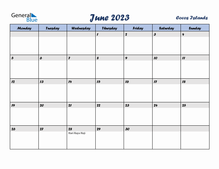 June 2023 Calendar with Holidays in Cocos Islands