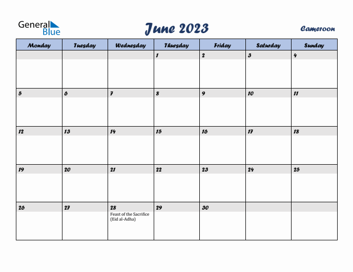 June 2023 Calendar with Holidays in Cameroon