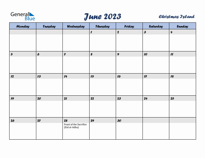 June 2023 Calendar with Holidays in Christmas Island