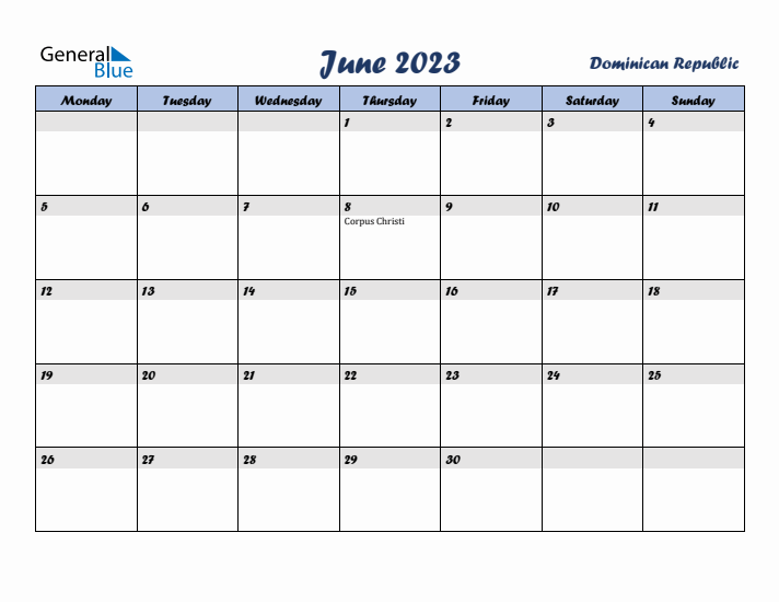 June 2023 Calendar with Holidays in Dominican Republic