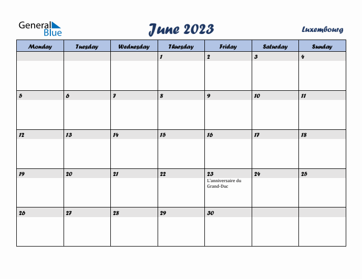June 2023 Calendar with Holidays in Luxembourg
