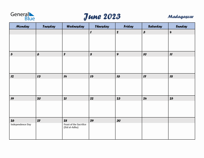 June 2023 Calendar with Holidays in Madagascar