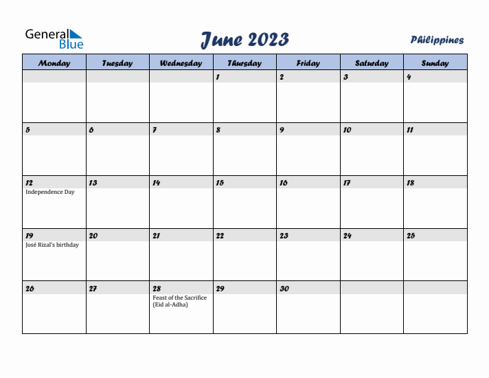 June 2023 Calendar with Holidays in Philippines