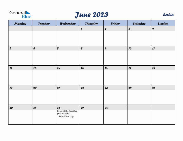 June 2023 Calendar with Holidays in Serbia
