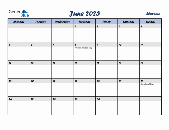 June 2023 Calendar with Holidays in Slovenia