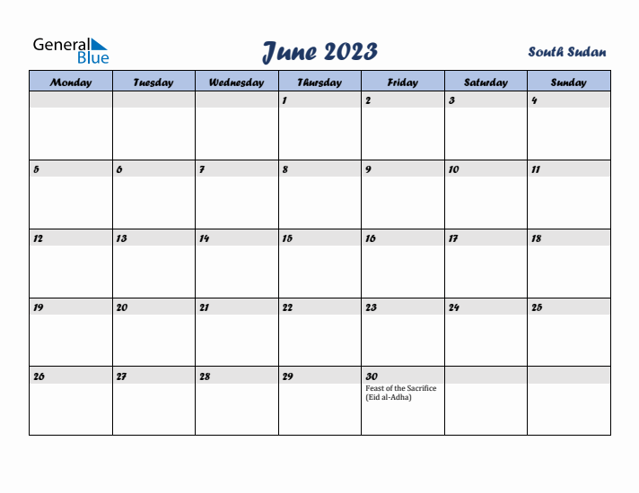 June 2023 Calendar with Holidays in South Sudan