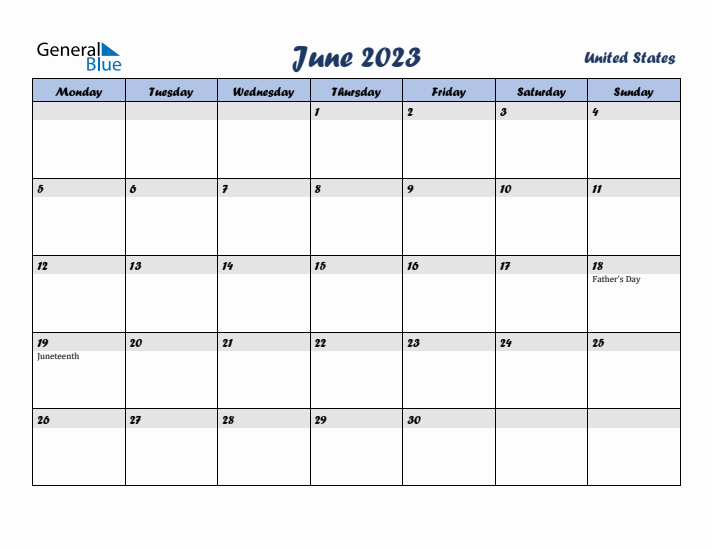 June 2023 Calendar with Holidays in United States