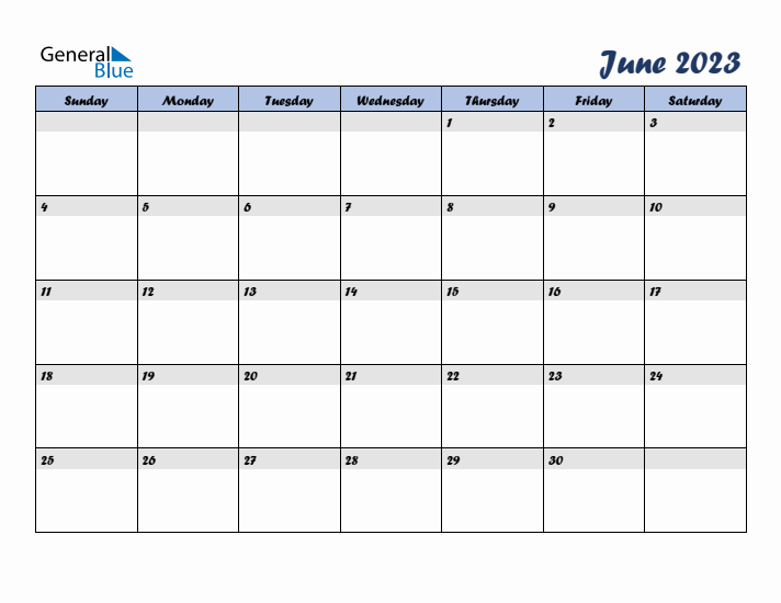 June 2023 Blue Calendar (Sunday Start)