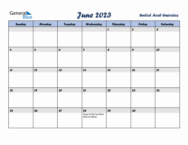 June 2023 Calendar with Holidays in United Arab Emirates