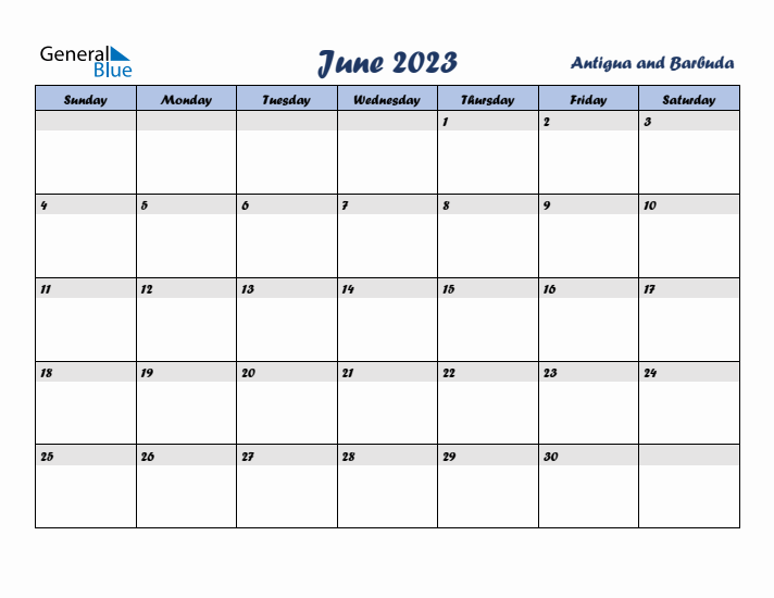 June 2023 Calendar with Holidays in Antigua and Barbuda