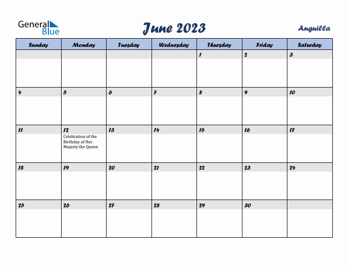 June 2023 Calendar with Holidays in Anguilla