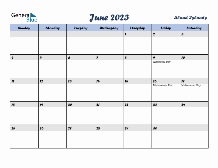 June 2023 Calendar with Holidays in Aland Islands