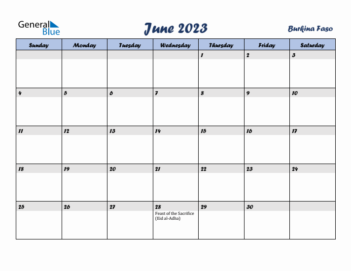 June 2023 Calendar with Holidays in Burkina Faso