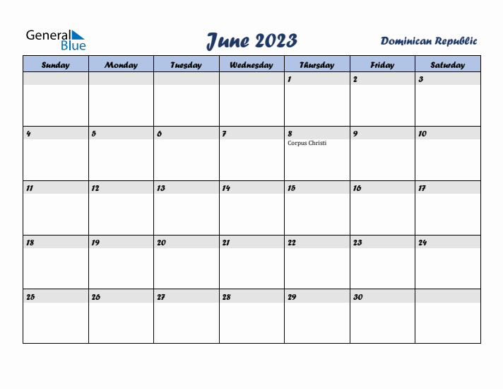 June 2023 Calendar with Holidays in Dominican Republic