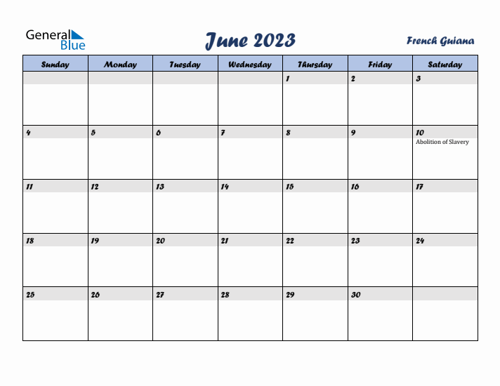 June 2023 Calendar with Holidays in French Guiana