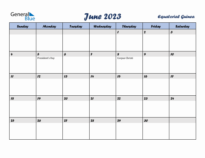 June 2023 Calendar with Holidays in Equatorial Guinea