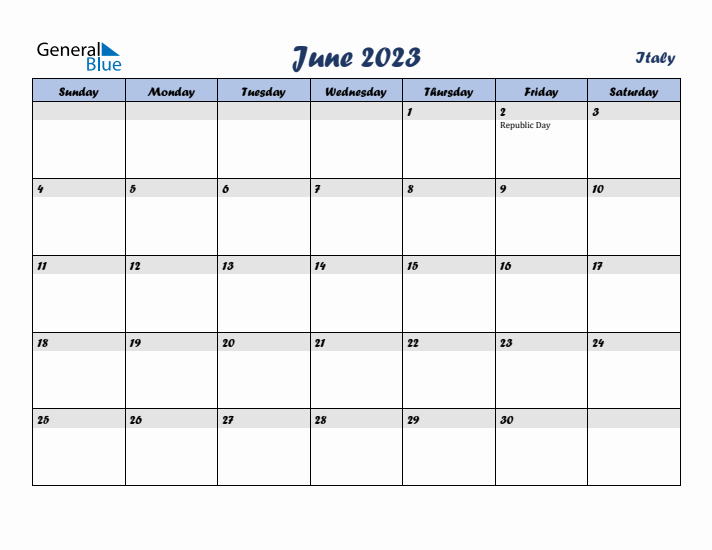 June 2023 Calendar with Holidays in Italy