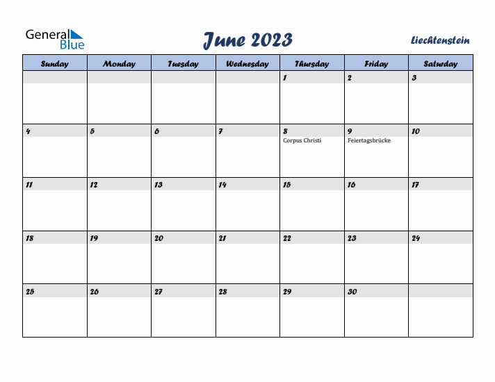 June 2023 Calendar with Holidays in Liechtenstein
