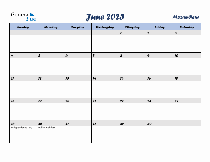 June 2023 Calendar with Holidays in Mozambique