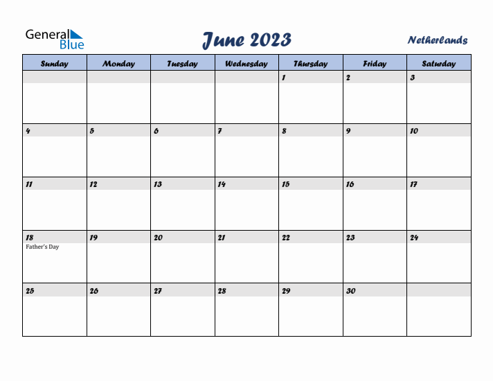 June 2023 Calendar with Holidays in The Netherlands