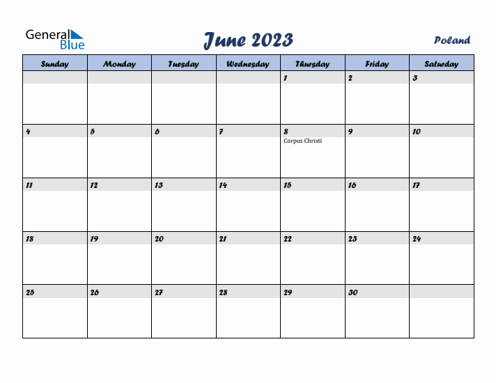 June 2023 Calendar with Holidays in Poland