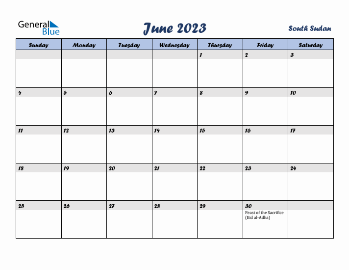 June 2023 Calendar with Holidays in South Sudan