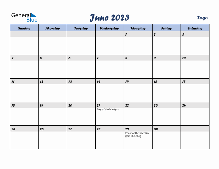 June 2023 Calendar with Holidays in Togo