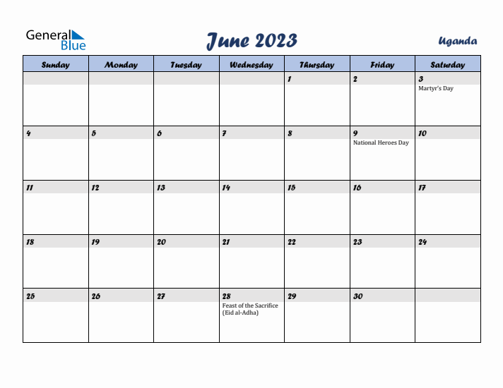 June 2023 Calendar with Holidays in Uganda