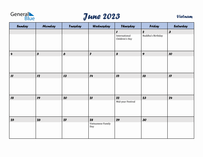 June 2023 Calendar with Holidays in Vietnam