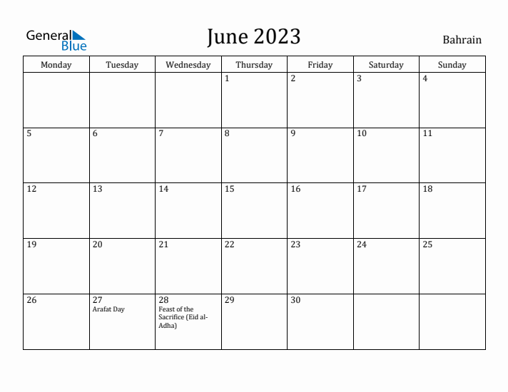 June 2023 Calendar Bahrain