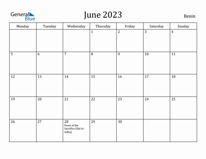 June 2023 Calendar Benin