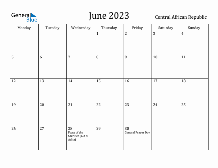 June 2023 Calendar Central African Republic