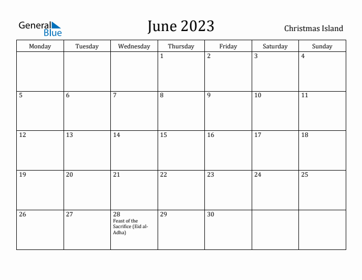 June 2023 Calendar Christmas Island