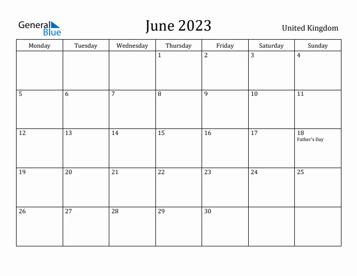 June 2023 Calendar United Kingdom