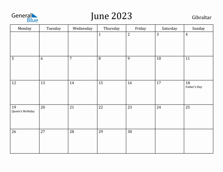 June 2023 Calendar Gibraltar