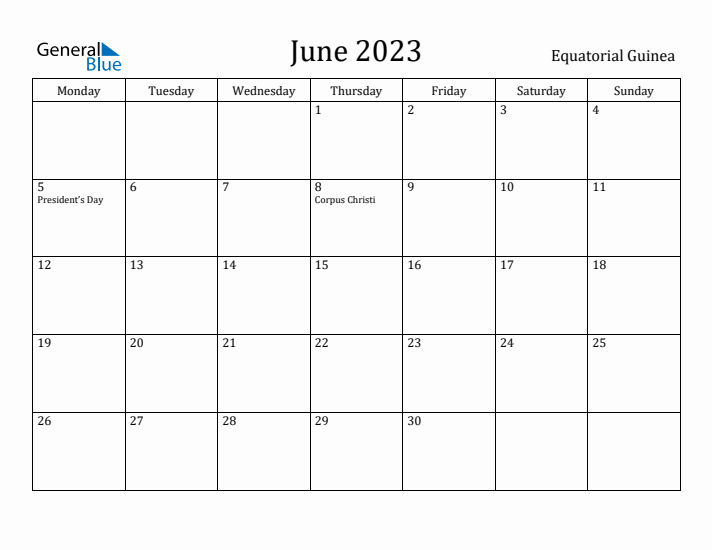 June 2023 Calendar Equatorial Guinea