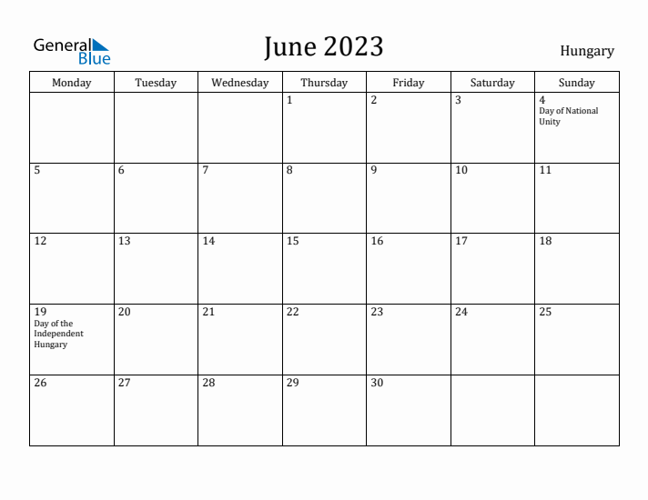 June 2023 Calendar Hungary