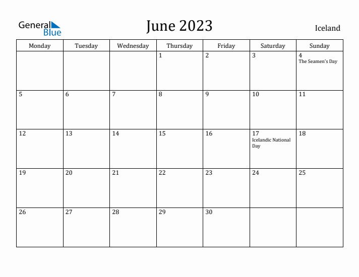 June 2023 Calendar Iceland