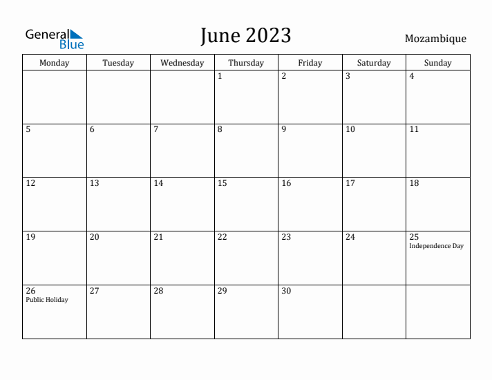 June 2023 Calendar Mozambique