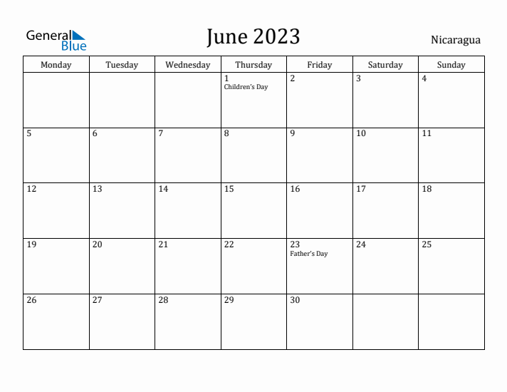 June 2023 Calendar Nicaragua